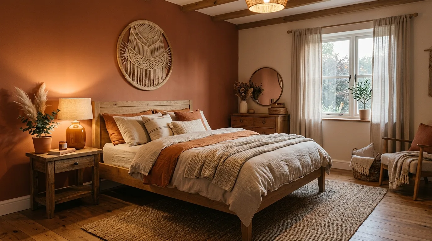 Try terracotta walls for a deeper earthy mood inspiration for an earthy bedroom.